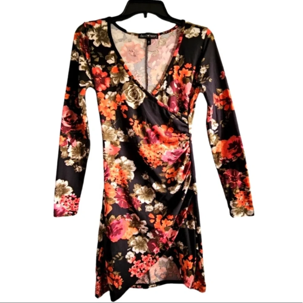 Derek Heart Sz Small Black Floral Long Sleeve Ruched Fitted Bodycon Dress. - Picture 8 of 10